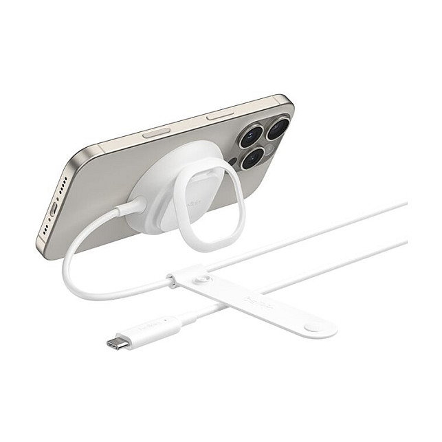 Belkin UltraCharge Qi2 25W WIA013hqWH - Cargador Inalámbrico con Soporte, USB-C, 2m Cable, Blanco, Compatible con iPhone, AirPods, Google Pixel