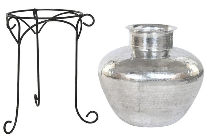 DKD Home Decor Jarrón de Aluminio con Soporte de Hierro Plateado