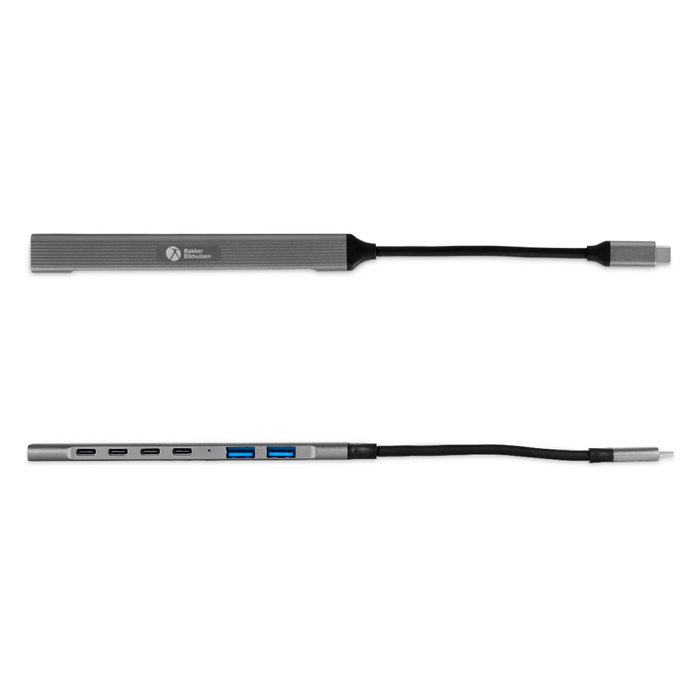 BakkerElkhuizen Hub USB-C 7 en 1 con 3 USB-A y 4 USB-C, 5000 Mbit/s, Aluminio Negro Gris, Cable 0.15 m - Compatible con Windows, Mac, Linux, ChromeOS