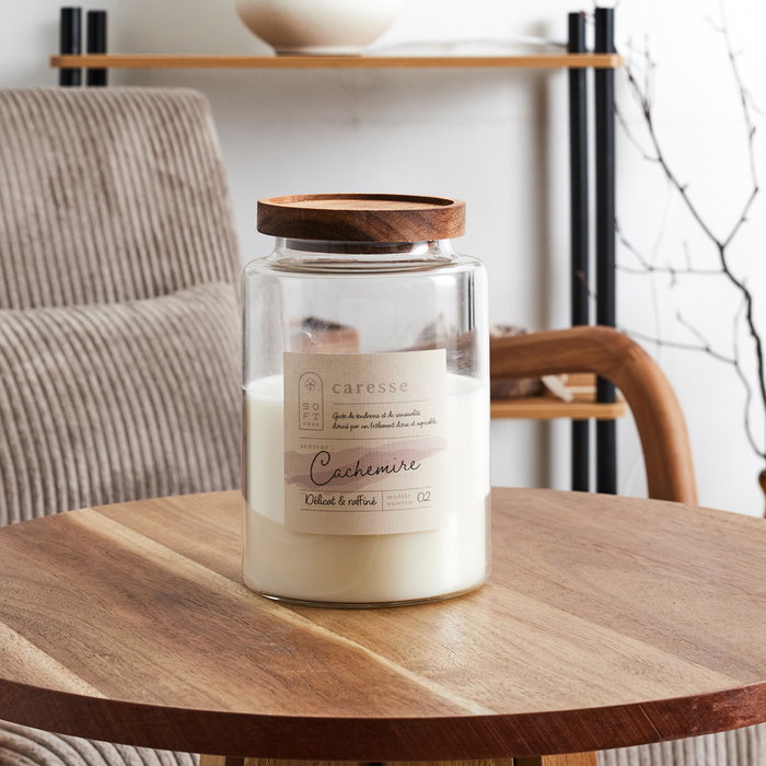 Home Deco Factory Vela Perfumada en Tarro, Aroma Cachemira, Tapa Madera Acacia, 650g para 45h, Cocooning - 16.5 cm