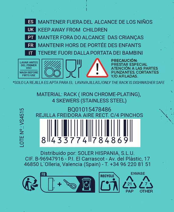 Inde Rejilla Rectangular Airfryer con 4 Pinchos 20 cm x 14.5 cm x 8 cm (12 Unidades)