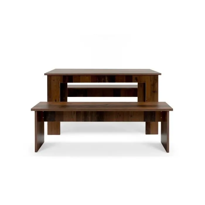 Conjunto Mesa de comedor 140x80 cm + 2 bancos - Estilo antiguo arbolado - L 140-180 x P 80 x H 77 cm - MUNICH Conjunto Mesa de comedor 140x80 cm + 2 bancos - Estilo antiguo arbolado - L 140-180 x P 80 x H 77 cm - MUNICH