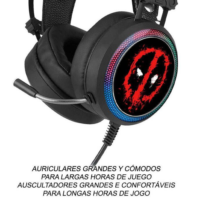 ERT GROUP Auriculares Gaming Deadpool Marvel Sonido Envolvente Virtual 7.1 Luz LED Micrófono Flexible USB Jack ERT GROUP Auriculares Gaming Deadpool Marvel Sonido Envolvente Virtual 7.1 Luz LED Micrófono Flexible USB Jack