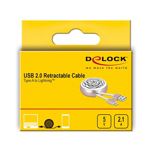 DeLOCK Cable retráctil USB Tipo-A a Lightning Blanco / Rosa pálido