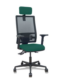Silla de oficina Bormate con mecanismo Asincro tapizada con Tela color Verde botella y malla color Negro. Equipada con lumbar 1D, Brazos 2D, Cabecero 2D y Ruedas 65mm nailon