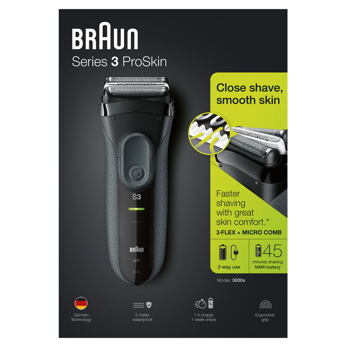 Braun Series 3 ProSkin 3000s - Máquina de Afeitar Eléctrica Recargable con 3 Cabezales, 2 SensoFoil, LED, A Prueba de Agua, Negro (AC/Batería)