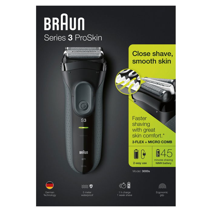 Braun Series 3 ProSkin 3000s - Máquina de Afeitar Eléctrica Recargable con 3 Cabezales, 2 SensoFoil, LED, A Prueba de Agua, Negro (AC/Batería)