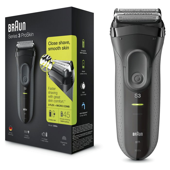 Braun Series 3 ProSkin 3000s - Máquina de Afeitar Eléctrica Recargable con 3 Cabezales, 2 SensoFoil, LED, A Prueba de Agua, Negro (AC/Batería)