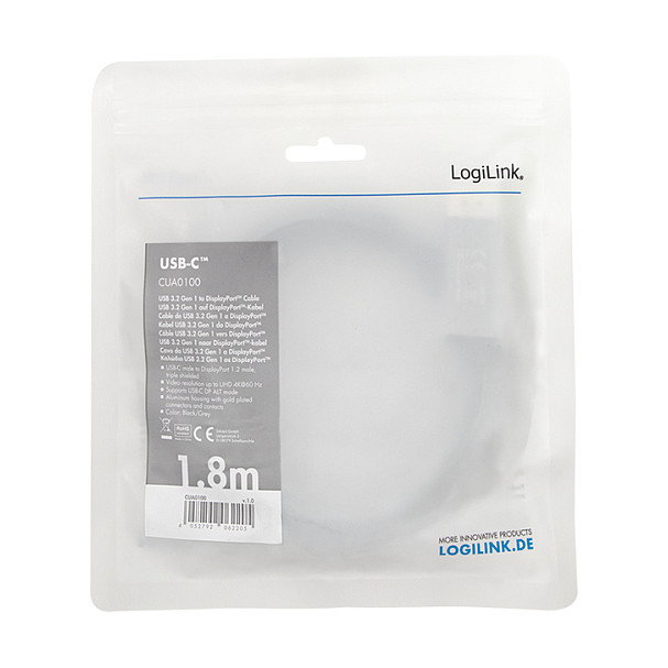 LogiLink Cable USB-C a DisplayPort 1,8 m 4K Ultra HD, Negro/Gris