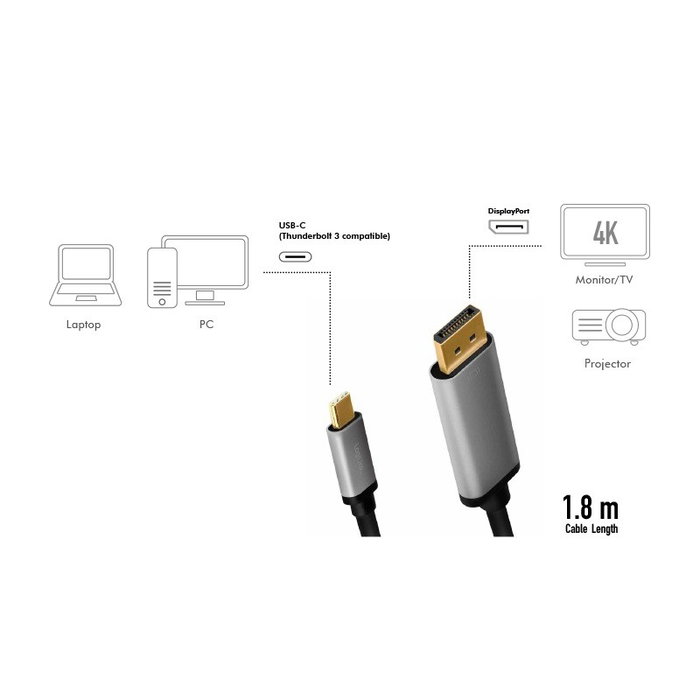 LogiLink Cable USB 3.2 Gen1 Type-C a DisplayPort, 4K/60 Hz, 1,8 m, Negro/Gris