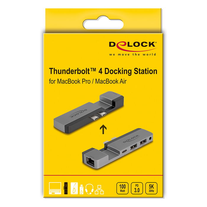 DeLOCK Docking Station Thunderbolt 4 para MacBook Pro/Air con 5K 100W PD, Hub 10 Gbps, LAN, Audio, Negro/Gris