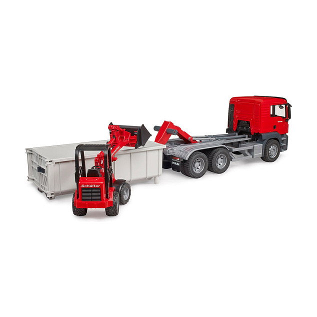 Bruder MAN TGS LKW con contenedor de descarga y pala cargadora de patio