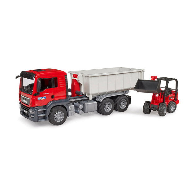Bruder MAN TGS LKW con contenedor de descarga y pala cargadora de patio