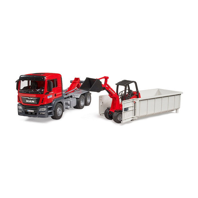 Bruder MAN TGS LKW con contenedor de descarga y pala cargadora de patio