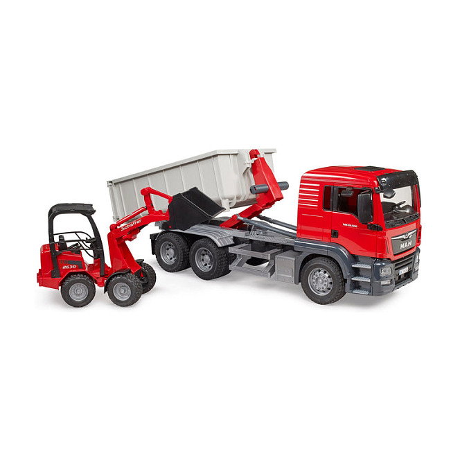 Bruder MAN TGS LKW con contenedor de descarga y pala cargadora de patio