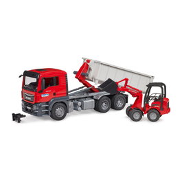 Bruder MAN TGS LKW con contenedor de descarga y pala cargadora de patio