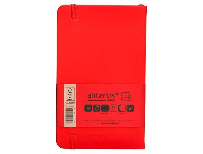 Antartik Cuaderno Tapa Dura A6, Hojas Cuadriculadas, 100 Hojas, 80gr, Rojo