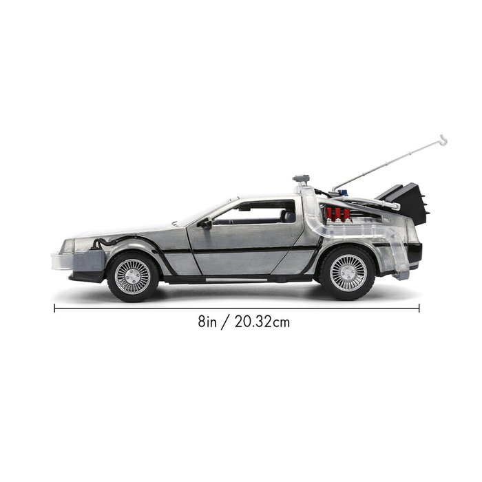 JADA TOYS DeLorean Hollywood Rides 40th Anniversary Regreso al Futuro Edición Plateada 1:24 Metal con Luz Réplica Coleccionista