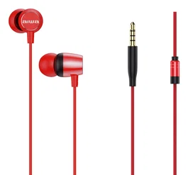 Aiwa Auriculares Intrauditivos ESTM-20RD con Micrófono, Conector Jack 3.5 mm, Cable TPE 120cm, Incluye Almohadillas (S,M,L) - Color Rojo