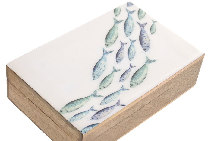 DKD Home Decor Set de 2 Cajas de Mango Lacado Blanco 25x17,5x8 cm Peces