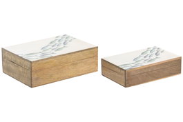DKD Home Decor Set de 2 Cajas de Mango Lacado Blanco 25x17,5x8 cm Peces