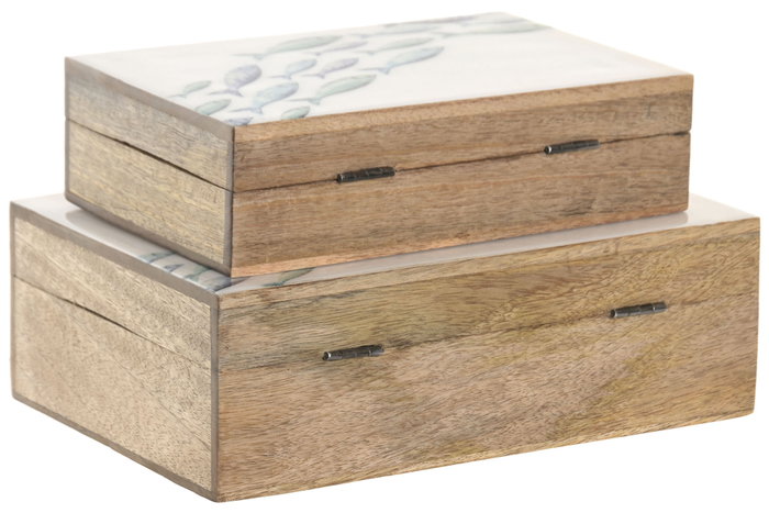 DKD Home Decor Set de 2 Cajas de Mango Lacado Blanco 25x17,5x8 cm Peces