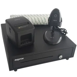 Approx APPPOSPACK4180LAN Pack Cajón Portamonedas, Impresora Térmica 80mm, Lector Códigos Barras y 8 Rollos Papel Térmico sin Bisfenol