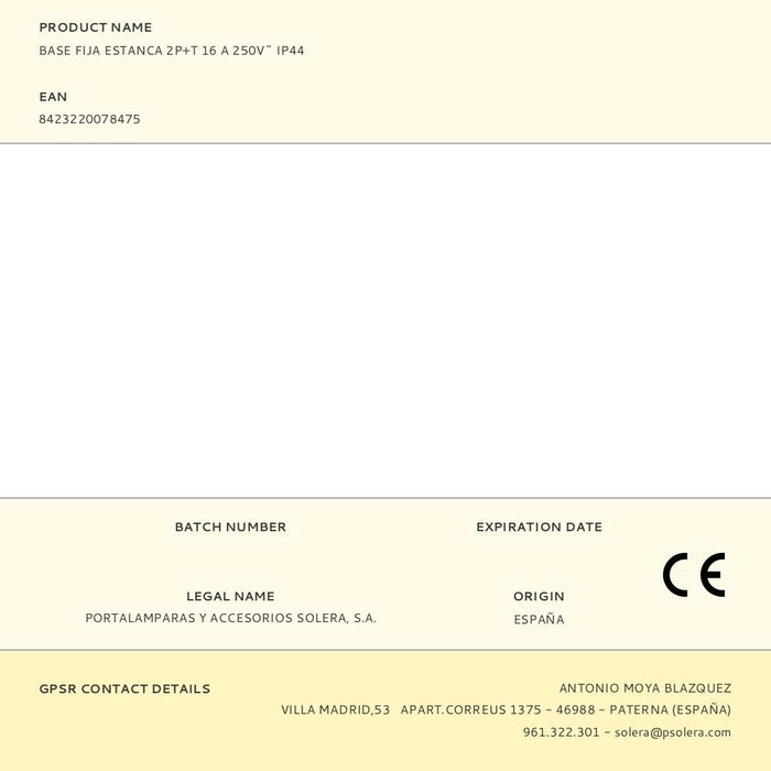 Solera Base Fija Estanca 2P+T 16A 250V IP44, Polipropileno Gris/Negro, 65 x 80 x 55 mm