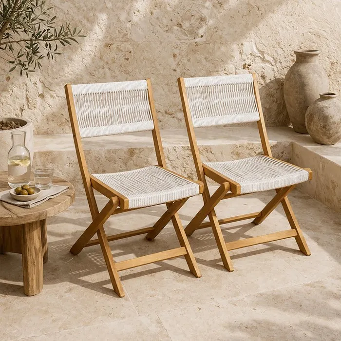 AWANA Juego de 2 Sillas Plegables de Jardín - Madera de Acacia con Certificación FSC - Cuerda Trenzada - 52 x 48 x 85 cm