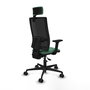 Silla de oficina Bormate con mecanismo Asincro tapizada con Tela color Verde esmeralda y malla color Negro. Equipada con lumbar 1D, Brazos 2D, Cabecero 2D y Ruedas 65mm nailon