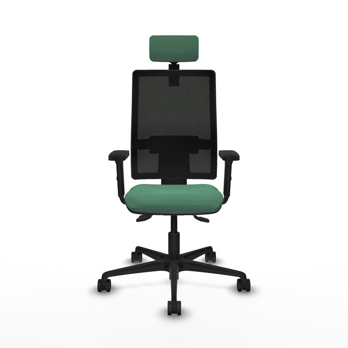Silla de oficina Bormate con mecanismo Asincro tapizada con Tela color Verde esmeralda y malla color Negro. Equipada con lumbar 1D, Brazos 2D, Cabecero 2D y Ruedas 65mm nailon