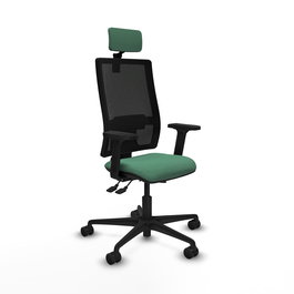 Silla de oficina Bormate con mecanismo Asincro tapizada con Tela color Verde esmeralda y malla color Negro. Equipada con lumbar 1D, Brazos 2D, Cabecero 2D y Ruedas 65mm nailon