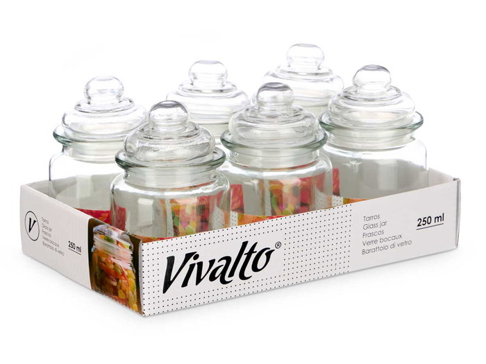 Vivalto Tarro Redondo Liso Tapa Cristal 250 ml Vidrio Transparente 8 x 13 x 8 cm (Set de 24)