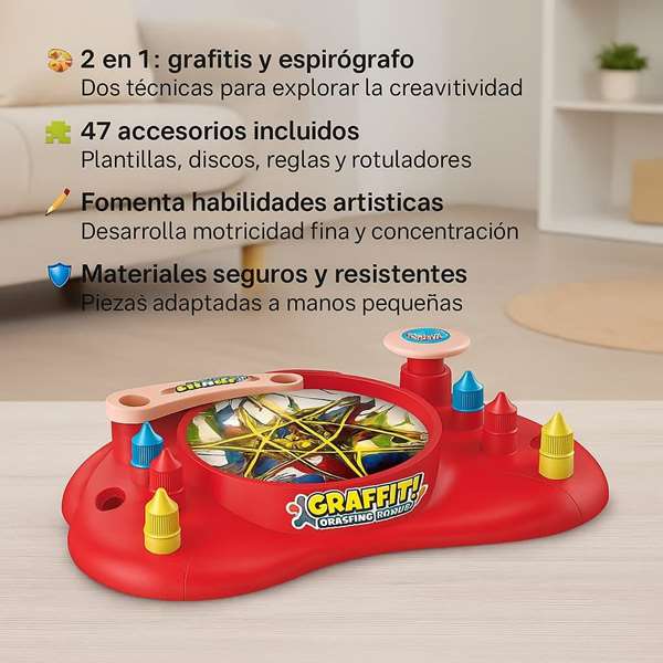 JugaToys Juego dibuja graffitis 2 en 1 con espirógrafo y 47 accesorios JugaToys Juego dibuja graffitis 2 en 1 con espirógrafo y 47 accesorios