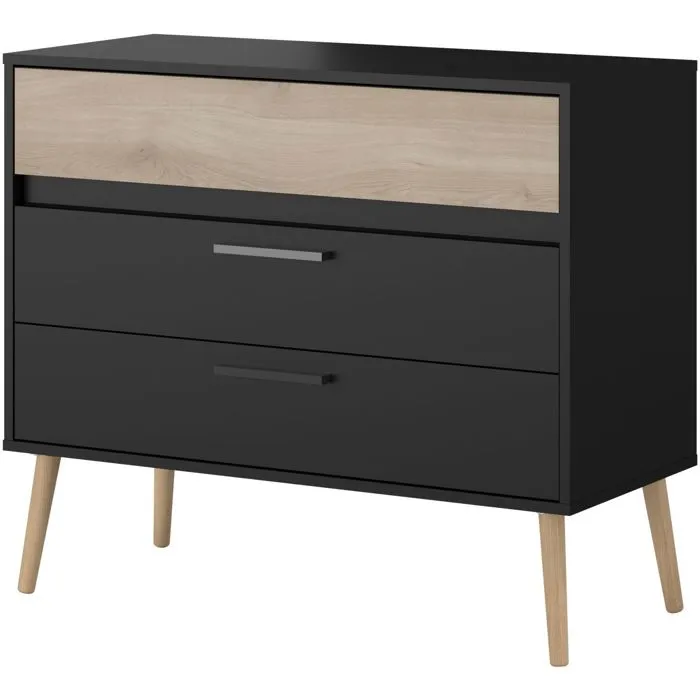 Parisot Cómoda AALBORG3501CO3T, 3 Cajones, Acabado Negro y Roble, Estilo Escandinavo, 90.8 x 39.9 x 77.5 cm