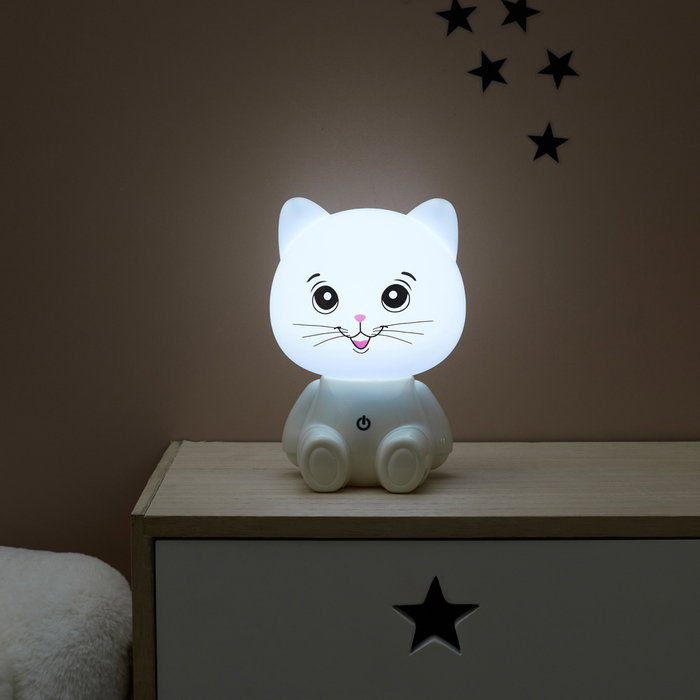 Home Deco Kids Luz Quitamiedo Gato USB con 3 Intensidades Regulables, Lámpara de Noche Infantil ABS y Polipropileno, 11.5x11x17 cm