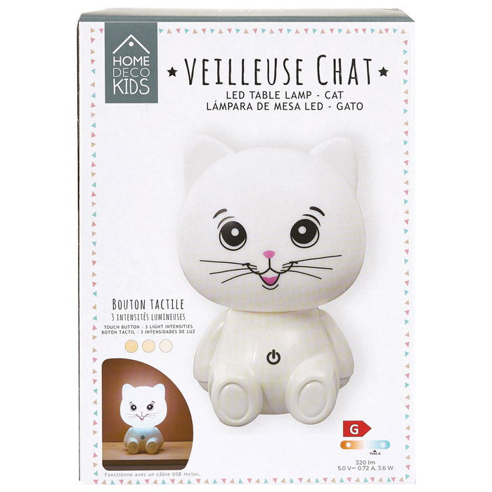 Home Deco Kids Luz Quitamiedo Gato USB con 3 Intensidades Regulables, Lámpara de Noche Infantil ABS y Polipropileno, 11.5x11x17 cm