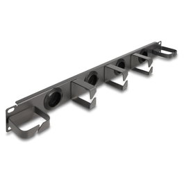 DeLOCK Panel de gestión de cables de 19 pulg. con 4 entradas de goma y 5 ganchos metálicos, 1U, Gris oscuro