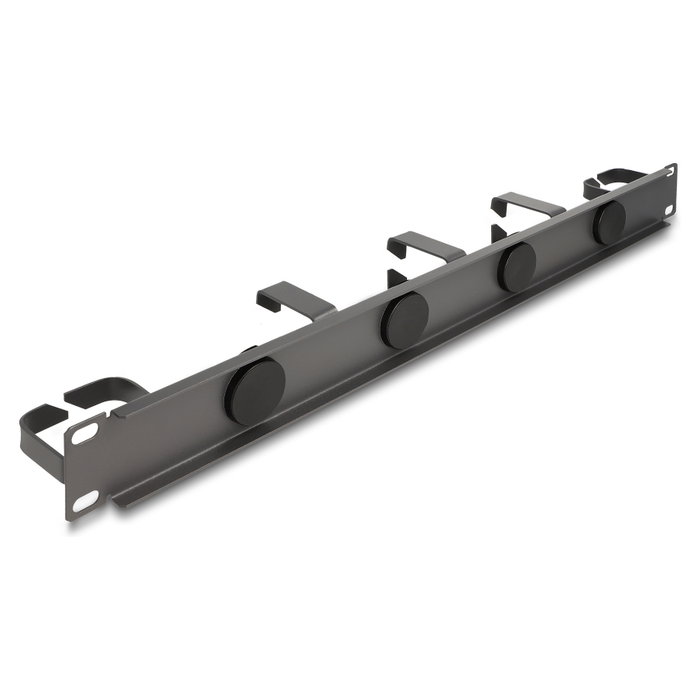 DeLOCK Panel de gestión de cables 19″ con 4 entradas de goma y 5 ganchos metálicos 1U gris oscuro