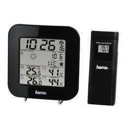 HAMA EWS-200 Estación Meteorológica Inalámbrica Negra con Sensor Exterior, Barómetro, Higrómetro, Reloj Radiocontrolado DCF, Pantalla LCD y Alarma