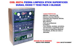 Piedra de Limpieza Stick Superficies Duras Óxido y Yeso Pack 4 Bloque