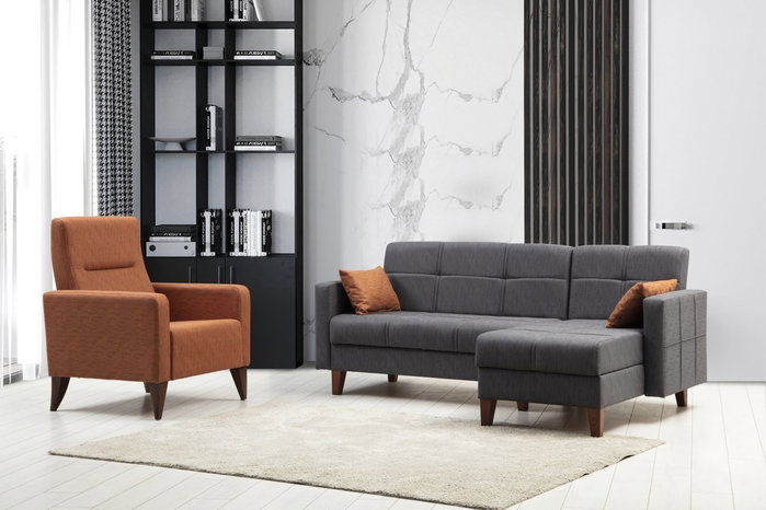 Atelier Del Sofa Conjunto de Sofá Esquinero y Silla Wing - Gris Oscuro - Anchura 216 cm, Altura 86 cm, Profundidad 130 cm