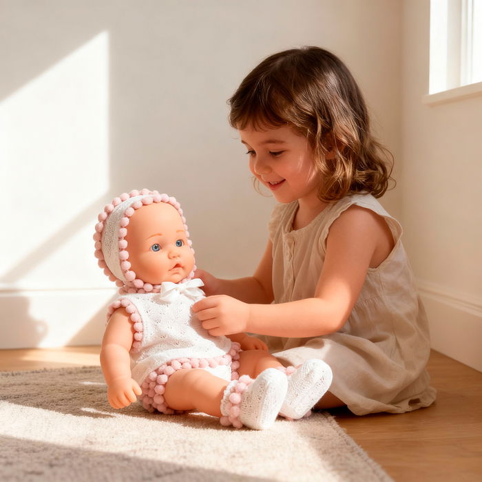 Tachan Muñeca 26cm Conjunto Vestido Blanco Con Gorrito T01067