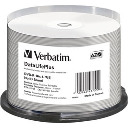 Verbatim DVD-R 4,7GB 16x White Wide Thermal Print Pack de 50