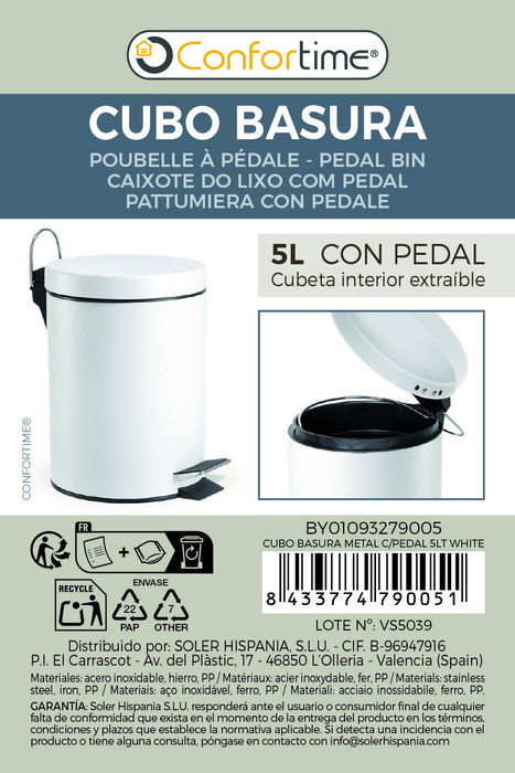 Confortime Cubo Basura Metal C/Pedal 5Lt Blanco 20.6 cm Ancho x 27.4 cm Alto x 27 cm Largo (6 Unidades)