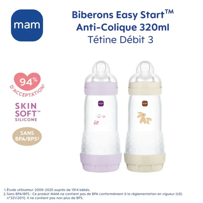 MAM Set de 2 Biberones Easy Start Anticólico 320 ml Tetina Flow 3 Lila + Arena