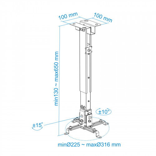 Tooq Soporte de Techo para Proyector PJ2012T-S Plata, Inclinable, Distancia Ajustable 13-65 cm, Peso Máx 20 kg