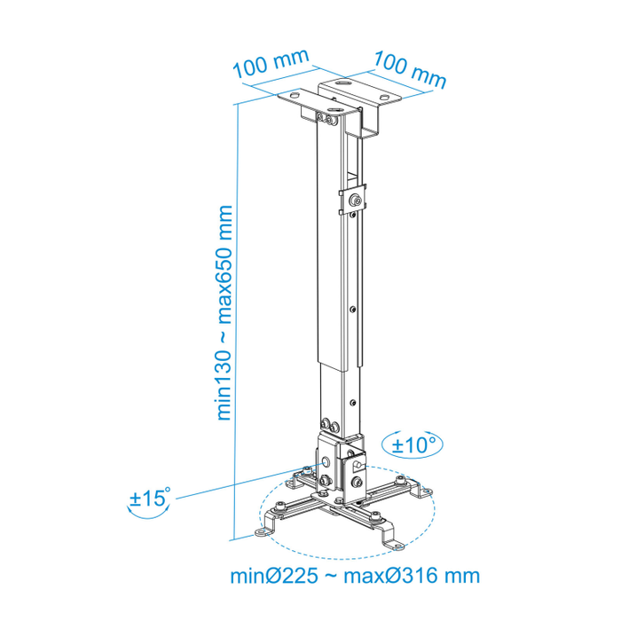 TooQ Soporte Techo Proyector PJ2012T-S, Carga Máxima 20kg, Inclinable +/-15°, Longitud Ajustable 13-65cm, Color Plata