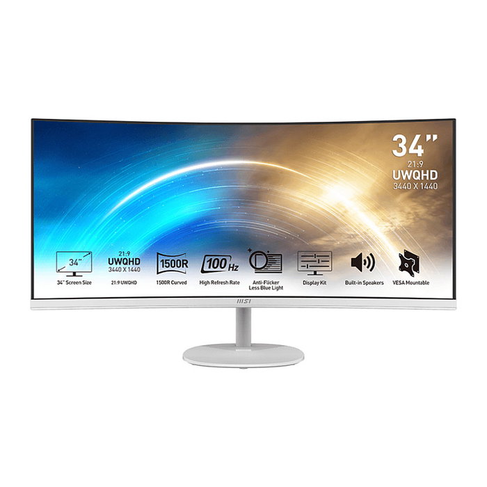 MSI PRO MP341CQWDE Monitor UltraWide 86.4 cm (34") Curvo WQHD 3440x1440 VA 100Hz 4ms Flicker Free AMD FreeSync Blanco MSI PRO MP341CQWDE Monitor UltraWide 86.4 cm (34") Curvo WQHD 3440x1440 VA 100Hz 4ms Flicker Free AMD FreeSync Blanco