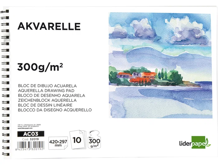 Liderpapel Bloc Dibujo Acuarela Espiral A3 297x420mm 10 Hojas 300g/m2 Sin Recuadro